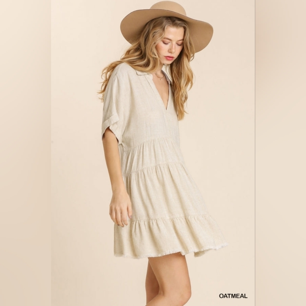 Umgee Oatmeal Tiered Mini Dress